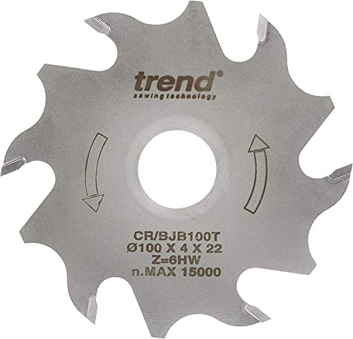Trend Flachdübelfräse Sägeblatt, 100mm Durchmesser, 22mm Bohrung, 4 Zähne, HW, 4mm Schnittbreite, Zero° Haken, CR/BJB100T