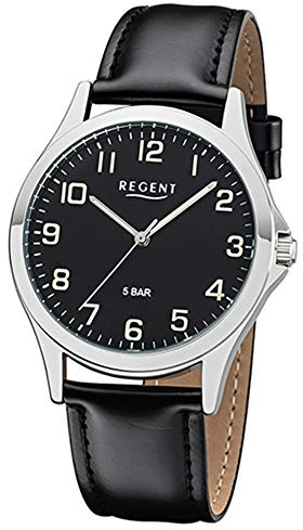 Regent Herren Armbanduhr aus Edelstahl und Leder in der Farbe Silber-Schwarz 40mm, Wasserdichtigkeit: 5Bar, 11110756