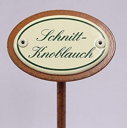 linoows Kräuterschild Kräuterstecker Emaille, Schnittknoblauch, Erdspieß 25 cm
