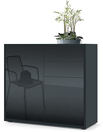 Vladon Sideboard Ben, Made in Germany, Kommode mit 2 Türen und 2 Schubladen, Schwarz matt/Schwarz Hochglanz (79 x 74 x 36 cm)