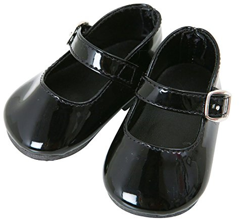 FRILLY LILY MEDIUM SIZE BLACK PATENT DOLLS SHOES 7.2 CM X 3.3 CM TO FIT OUR GENERATION,AMERICAN GIRL, DESIGN A FRIEND AND MANY OTHER 18 INCH PLAY DOLLS.