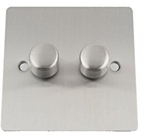 Light Dimmer Switch 2 Gang 2 Way 10 Amp - 400W - Satin Matt Chrome - Flat