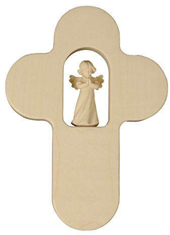 Junker Kirchenbedarf Kinderkreuz Holz Natur mit Engel betend, 17cm