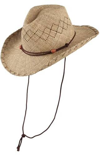 Chiller – Westernhut aus Seegras im lässigen Country-Style | Leichter Sommerhut mit Kinnriemen & Holzperlen | Perfekt für Damen & Herren im Vintage-Look (DE/NL/SE/PL, Alphanumerisch, S, M, Natur)