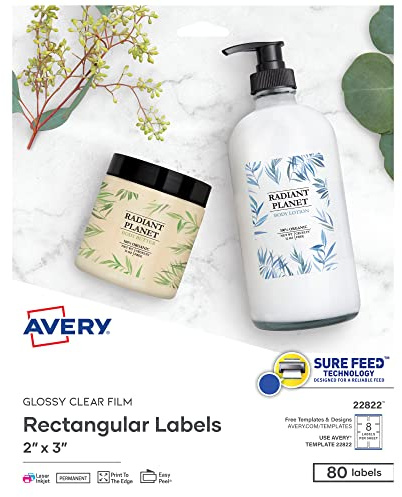 Avery Printable Blank Rectangle Labels, 2 x 3, Glossy Crystal Clear, 80 Customizable Labels (22822)