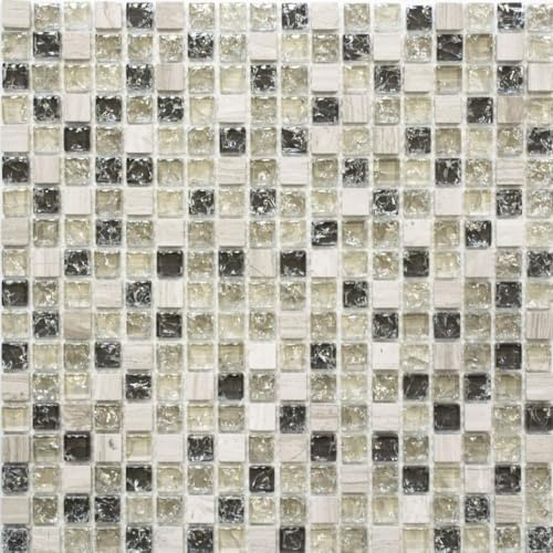 Mosaik Quadrat Crystal/Stein mix graugrün Glasmosaik Transluzent Transparent 3D, Mosaikstein Format: 15x15x8 mm, Mattengröße: 305x305 mm, 1 Matte