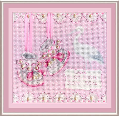 MP Studia Kreuzstich-Stickset für Erwachsene und Anfänger, Geburt – Babyschuhe, Geburtsmuster (Mädchen), 20 x 20 cm, 14 Karat.