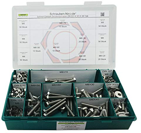 Set Sechskantschrauben DIN 933 M8 Edelstahl A2 V2A mit Muttern Scheiben