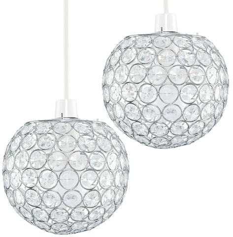 MiniSun | Modern Chrome Globe Ceiling Light Shades with Acrylic Crystal Effect Jewels | Pendant Lights, Home Décor & Improvement Essential | Set of 2 | 18cm Shade Width