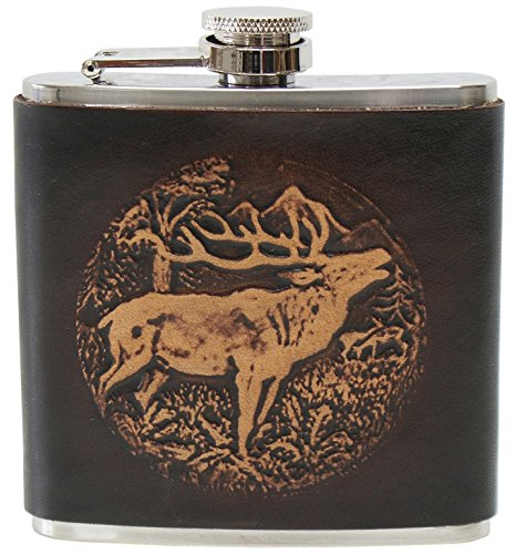 Flachmann Trachtenflachmann Leder Hirsch Wild Jagd Jägerflachmann Taschenflasche Trinkflasche Edelstahl mit brauner Leder-Ummantelung geprägt Handarbeit pocket flask bottle