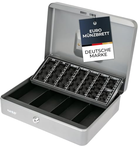 HMF Geldkassette abschließbar, Kasse mit Euro Münzzählbrett, 4 Banknotenfächer | 30,5 x 24 x 9 cm | Silber