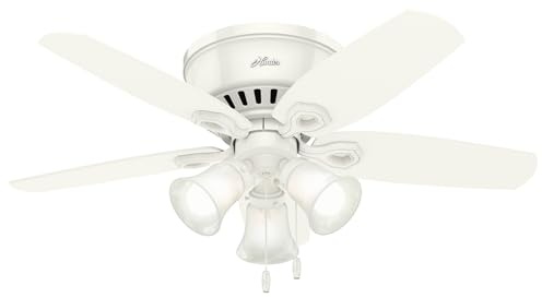 Hunter 42 inch Indoor Ceiling Fan with LED Lights - White Ceiling Fan with Pull Chain, For Bedroom, Living Room, or Kitchen, Low Profile Flush Mount, No Remote, 5 Blades - Builder 51090, Snow White