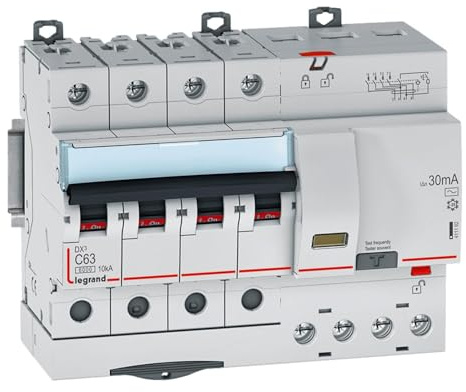 Legrand 411192 Disjoncteur différentiel monobloc DX³6000 10kA arrivée haute et départ bas à vis, 4P, 400V, 63A typeAC, 30mA