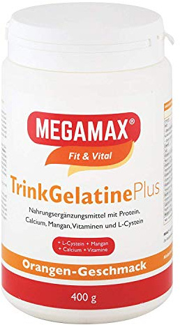 Megamax Nutrition - 400 g - Trink Gelatine Pulver - mit Collagen-Hydrolysat Biotin Vitamin C. Orangen-Geschmack. Ideal als tägliche Ergänzung für Haut, Haare und Nägel*.