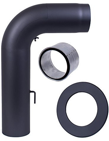 Ofenrohr Fullform Bogenrohrset Ø150mm schwarz Höhe 700 mm, Tiefe 450 mm dreiteilig mit Wandfutter und Rosette Rand 7 cm