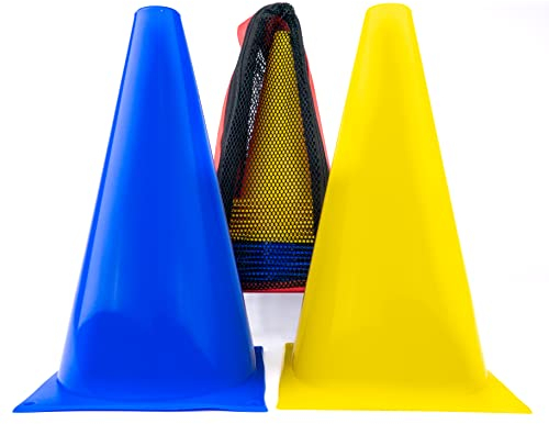 Vinex - 20er Pylonen-Set + Tragetasche, 23cm hoche Sport-Hütchen für Hunde- & Pferdesport, Dualgassen, Training, Markierungskegel für innen & außen, robust & transportabel, Gelb/Blau