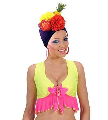 Amakando Copacabana Kopftuch Karibik Party Hut Südsee Kopfbedeckung mit Früchten und Blumen Tutti Frutti Mütze Fasching Tropischer Faschingshut Sommer Mottoparty Accessoire Karneval Kostüm Zubehör