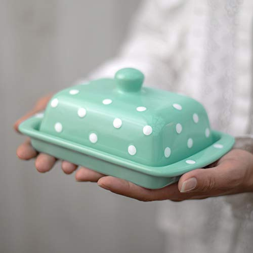 City to Cottage Large Butter Dish with Lid for Countertop, Ceramic Butter Keeper, Butter Container with Knob Handle, Butter Holder Tray with Cover, Handcrafted Turquoise Blue Polka Dot Butter Dish