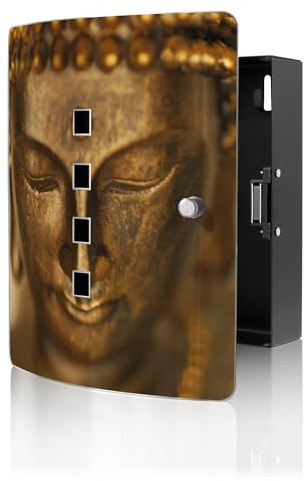 banjado Design Schlüsselkasten aus Edelstahl für 10 Schlüssel - Schlüsselschrank zur Schlüssel Aufbewahrung 24 x 21,5 x 7cm groß mit praktischem Magnetverschluss - Motiv Buddha Gold