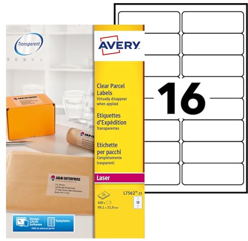 Avery Zweckform L7562-25 - Etiquetas para dirección postal, 99.1 x 33.9 mm, 25 hojas, 400 etiquetas, transparentes