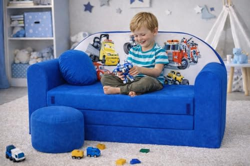 Pro Cosmo umwandelbares Kindersofa – perfekt zum Spielen und Schlafen – mit Abnehmbarer Matratze, Kissen und Pouf – 98x168x59 cm – leicht und einfach zusammenklappbar - C14 Blau - LKWs