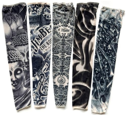 iToolai Tattoo Sleeves for Men, Fake Temporary Tattoo Arm Sleeve Set, Black, 5Pcs
