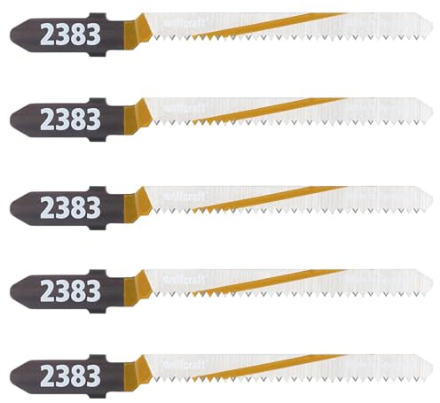 wolfcraft 5 Stichsägeblätter HCS I 2393000 I für Holz, Laminat, Spanplatten - sauberer Kurvenschnitt - Made in Germany - T-Schaft