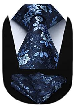 HISDERN Blumen Krawatte Hochzeit Herren Formale Krawatte Taschentuch Krawatten Navy Blau & Einstecktuch Set
