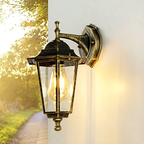 Licht-Erlebnisse Lampada da parete con braccio PARIS design rustico a lanterna color oro antico E27 impermeabile IP44 Applique per esterni giardino terrazzo