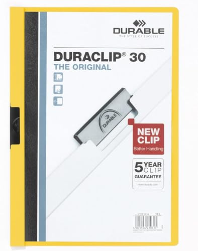 Durable Duraclip Original 30,Klemm-Mappe, A4, 25 Stück, gelb, 220004 | Dokumentenmappe für 1-30 Blatt, Klemmhefter für ungelochtes Papier, Füllhöhe 3 mm, Cliphefter aus Kunststoff, Made in Germany