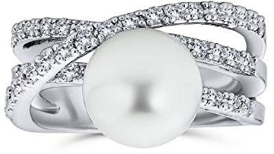 Bling Jewelry Criss Cross Geométrica Pave Cz Solitaire Blanco Perla Simulada Moda Anillo De Declaración Para La Mujer De Plata Chapada En Latón