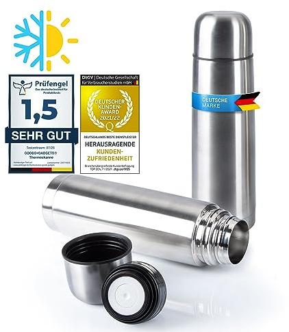 Edelstahl Thermosflasche mit Becher; Thermoskanne Doppelwandige Isolierkanne; Auslaufsicher, Spülmaschinenfest & BPA-frei; hält Getränke heiß & kalt (Silber, 500 ml)