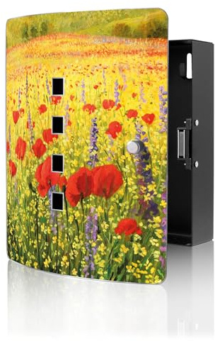banjado Design Schlüsselkasten aus Edelstahl für 10 Schlüssel - Schlüsselschrank zur Schlüssel Aufbewahrung 24 x 21,5 x 7cm groß mit praktischem Magnetverschluss - Motiv Feld Mit Mohnblumen