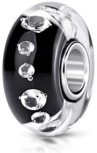 MATERIA by Matthias Wagner Charms en verre pour femmes, noirs avec 8 zircons, monture en argent sterling 925#421