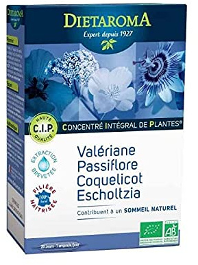 Dietaroma - CIP Ampoule Phyto Concentré Intégral de Plante pour le Sommeil Bio - Valériane - Passiflore - Escholtzia - 20 ampoules X 10 ml