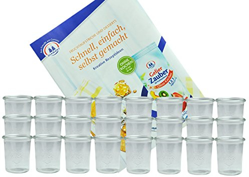 MamboCat 24er Set Weckgläser Sturzglas 160 ml I Original Weck Sturzglas Dessertglas I Einweckgläser für Kuchen Gelees UVM I Sturzgläser ohne Deckel inkl. Diamant-Zucker Gelierzauber Rezeptheft