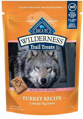Blue Buffalo Wilderness Trail Treats proteinrika spannmålsfria hundkex, krispiga hundgodis, kalkonrecept, 680 ml påse