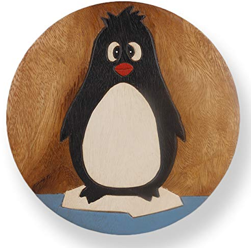ART-CRAFT Vielseitiger Kinderhocker Holzhocker rund aus Massivholz Tiermotiv Pinguin mit vielen Einsatz Möglichkeiten
