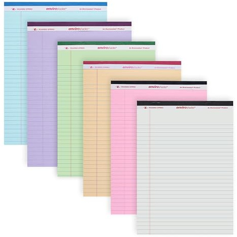 ROARING SPRING Enviroshades Assorted Colored Legal Pads, 6 Pack, Legal Ruled Recycled Writing Note Pads, 8.5 x 11, 50 Sheets, Perforated Paper, Made in USA, Memo Pad For School & Office