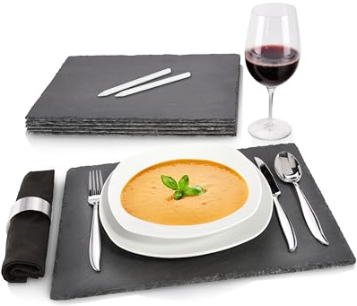 Sänger | Schieferplatten-Set mit Kreide, 6 Moderne Untersetzer aus Schiefer, Eckig, Serviertablett, Dinner Teller | 40x30cm