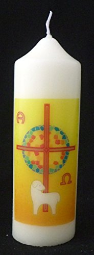 Osterkerze mit DRUCKMOTIV 165 x 50 mm mit KREUZ LAMM ALPHA und OMEGA SYMBOL Ostermotiv für KIRCHE GOTTESDIENST oder ZUHAUSE von MaMeMi