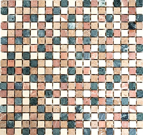 Mosaik Fliese Marmor Naturstein creme beige rot grün Random für BODEN WAND BAD WC DUSCHE KÜCHE, Mattengröße: 305x322 = 0,10 qm, Steingröße: 15x15x8 mm - 1 Matte