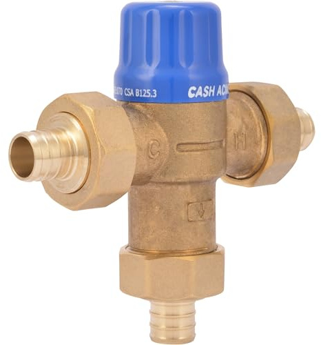 Cash Acme 3/4 Inch HG110 Crimp Thermostatic Mixing Valve with Barb Connections and Integral Checks, Brass Plumbing Fitting, 24507