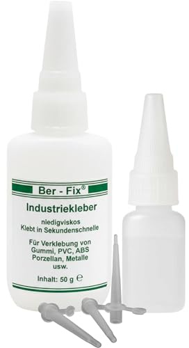 Ber-Fix® Industriekleber dünnflüssig – Universal 50g + Leerflasche | inkl. 3 Dosierspitzen; Kapillarwirkung für feine Risse; 2-10 Sekunden