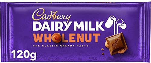 Cadbury Dairy Milk Whole Nut, Tableta De Chocolate Con Leche y Avellanas, Deliciosa y Cremosa, 120 g