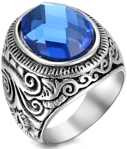Flongo Herrenring Männer Ringe Daumenring Bandring, Edelstahl Glas Ring Silber Schwarz Blau Blumen Schnitzerei Klassiker Retro Charm Herren