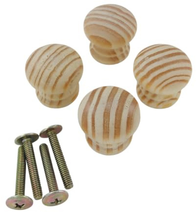 Merriway BH02560 (4 Pcs) Unlacquered Pine Wooden Cupboard Cabinet Door Knob, 25mm (1 inch) with Bolt and Insert - Pack of 4 Pieces