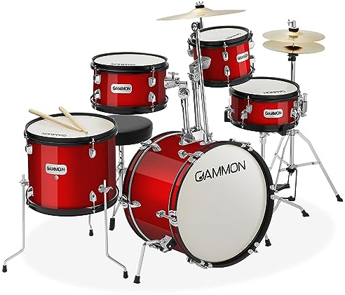 Gammon Percussion 5-Piece Junior Starter Drum Kit with Cymbals, Hardware, Sticks, & Throne - Red