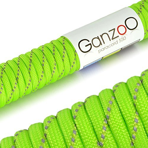 Paracorde 550 réfléchissante, corde de survie à usages multiples et ultra-résistante, corde de parachute, corde gainée en nylon, longueur totale: 31m, couleur: vert clair – ATTENTION: NE PAS UTILISER CETTE CORDE POUR L'ESCALADE, de la marque Ganzoo