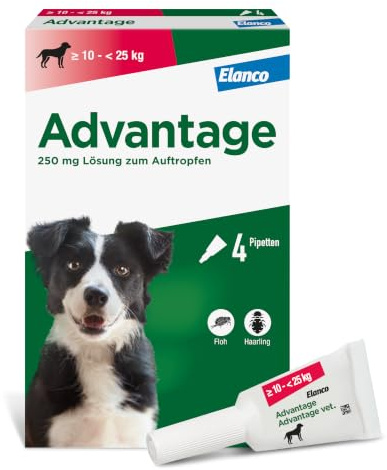 Elanco Advantage Spot-On 250 für mittelgroße Hunde von 10 bis 25 kg Körpergewicht, schnelle Bekämpfung von Flöhen und Schutz vor Flohbefall für bis zu 4 Wochen, 4 Pipetten mit 2,5 ml Lösung | Schnelle Hilfe bei Flöhen: Wirkt bei Kontakt ohne Stich. Schützt deinen Hund & dein Zuhause. Einfache Anwendung im Nacken.